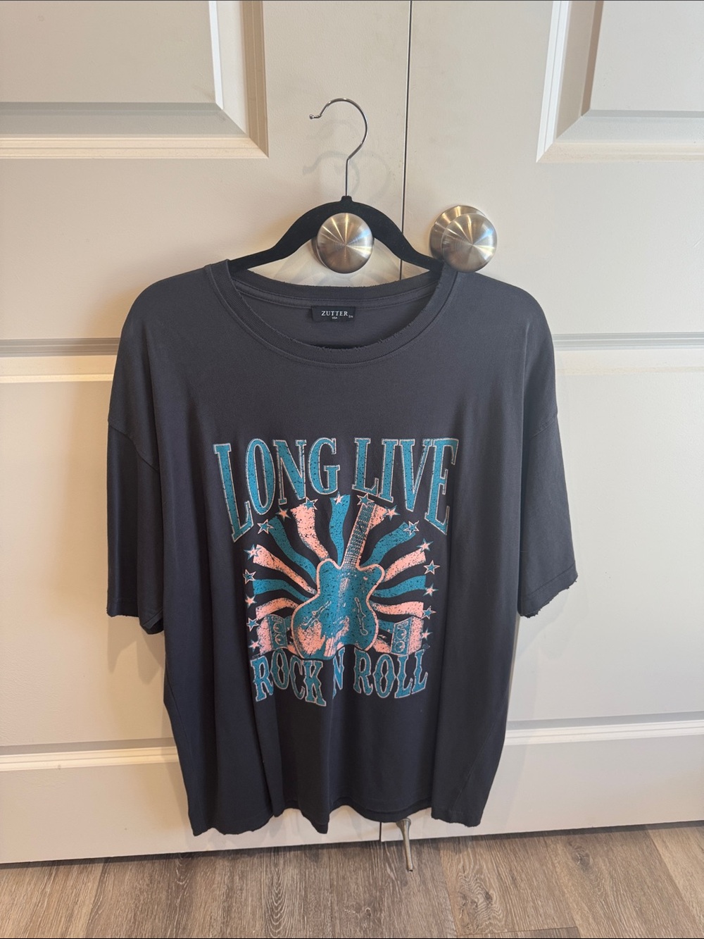 Long Live Rock N Roll Graphic Tee - Black with Teal & Pink Print